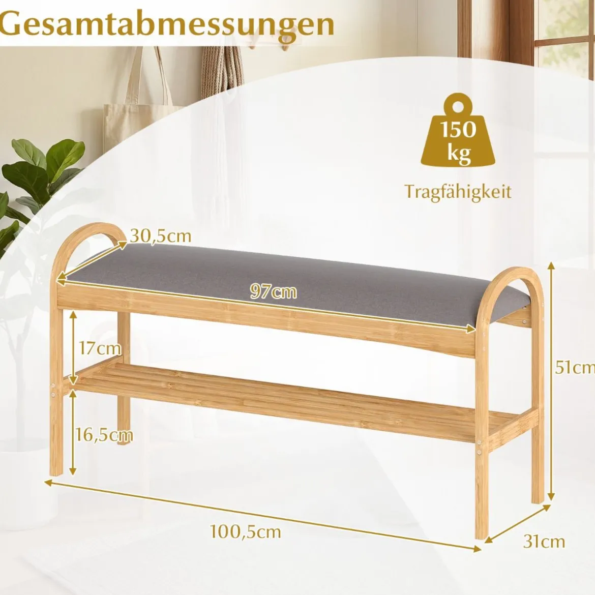 Schuhbank mit Sitzfläche Sitzbank mit 2 Ebenen Gepolstertem Kissen & Bambusrahmen Schuhschrank
