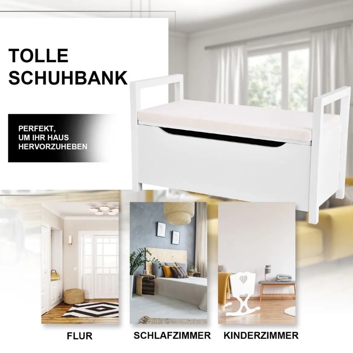 Schuhbank Schuhaufbewahrung Sitzbank mit gepolstertem Sitz Mehrzweck-Box 86 x 38 x 49 cm Weiß