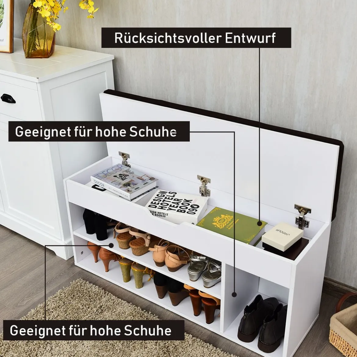 Schuhbank Schuhkommode Schuhablage mit Sitzkissen Holz 104 x 48 x 30 cm Weiß/Natur/Grau