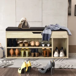 Schuhbank Schuhkommode Schuhablage mit Sitzkissen Holz 104 x 48 x 30 cm Weiß/Natur/Grau