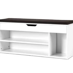 Schuhbank Schuhkommode Schuhablage mit Sitzkissen Holz 104 x 48 x 30 cm Weiß/Natur/Grau