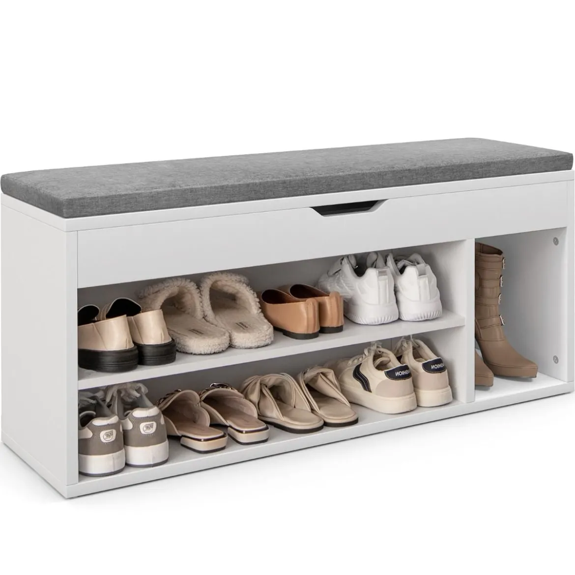 Schuhbank Schuhkommode Schuhablage mit Sitzkissen Holz 104 x 48 x 30 cm Weiß/Natur/Grau