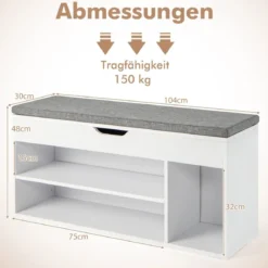 Schuhbank Schuhkommode Schuhablage mit Sitzkissen Holz 104 x 48 x 30 cm Weiß/Natur/Grau