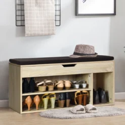 Schuhbank Schuhkommode Schuhablage mit Sitzkissen Holz 104 x 48 x 30 cm Weiß/Natur/Grau