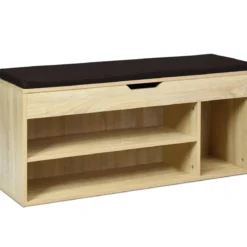 Schuhbank Schuhkommode Schuhablage mit Sitzkissen Holz 104 x 48 x 30 cm Weiß/Natur/Grau