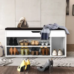 Schuhbank Schuhkommode Schuhablage mit Sitzkissen Holz 104 x 48 x 30 cm Weiß/Natur/Grau