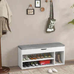 Schuhbank Schuhkommode Schuhablage mit Sitzkissen Holz 104 x 48 x 30 cm Weiß/Natur/Grau