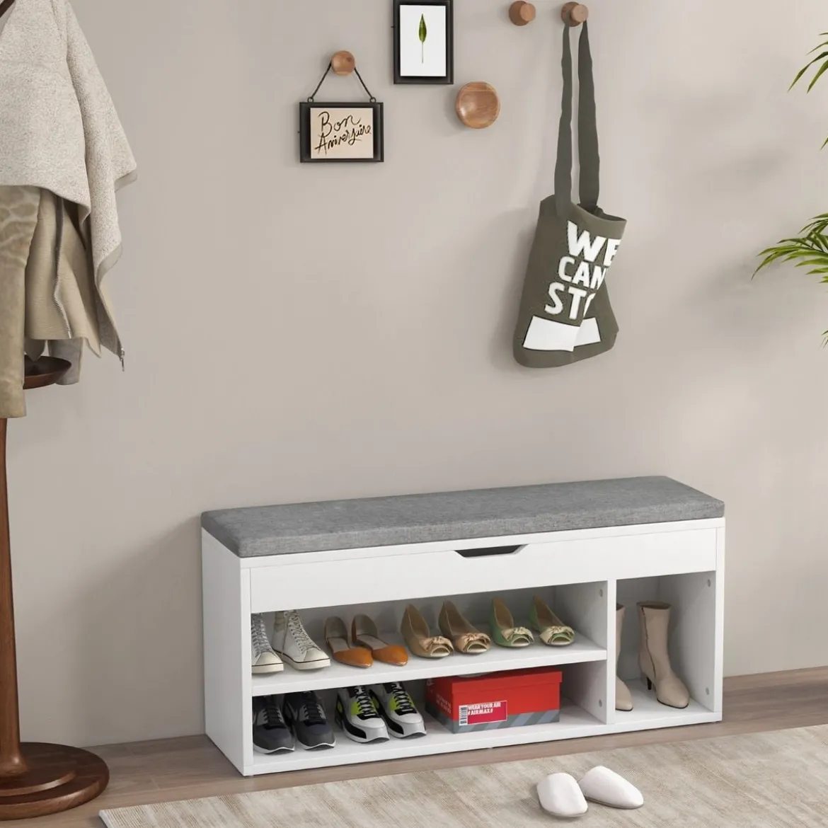 Schuhbank Schuhkommode Schuhablage mit Sitzkissen Holz 104 x 48 x 30 cm Weiß/Natur/Grau