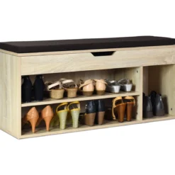 Schuhbank Schuhkommode Schuhablage mit Sitzkissen Holz 104 x 48 x 30 cm Weiß/Natur/Grau