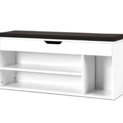 Schuhbank Schuhkommode Schuhablage mit Sitzkissen Holz 104 x 48 x 30 cm Weiß/Natur/Grau