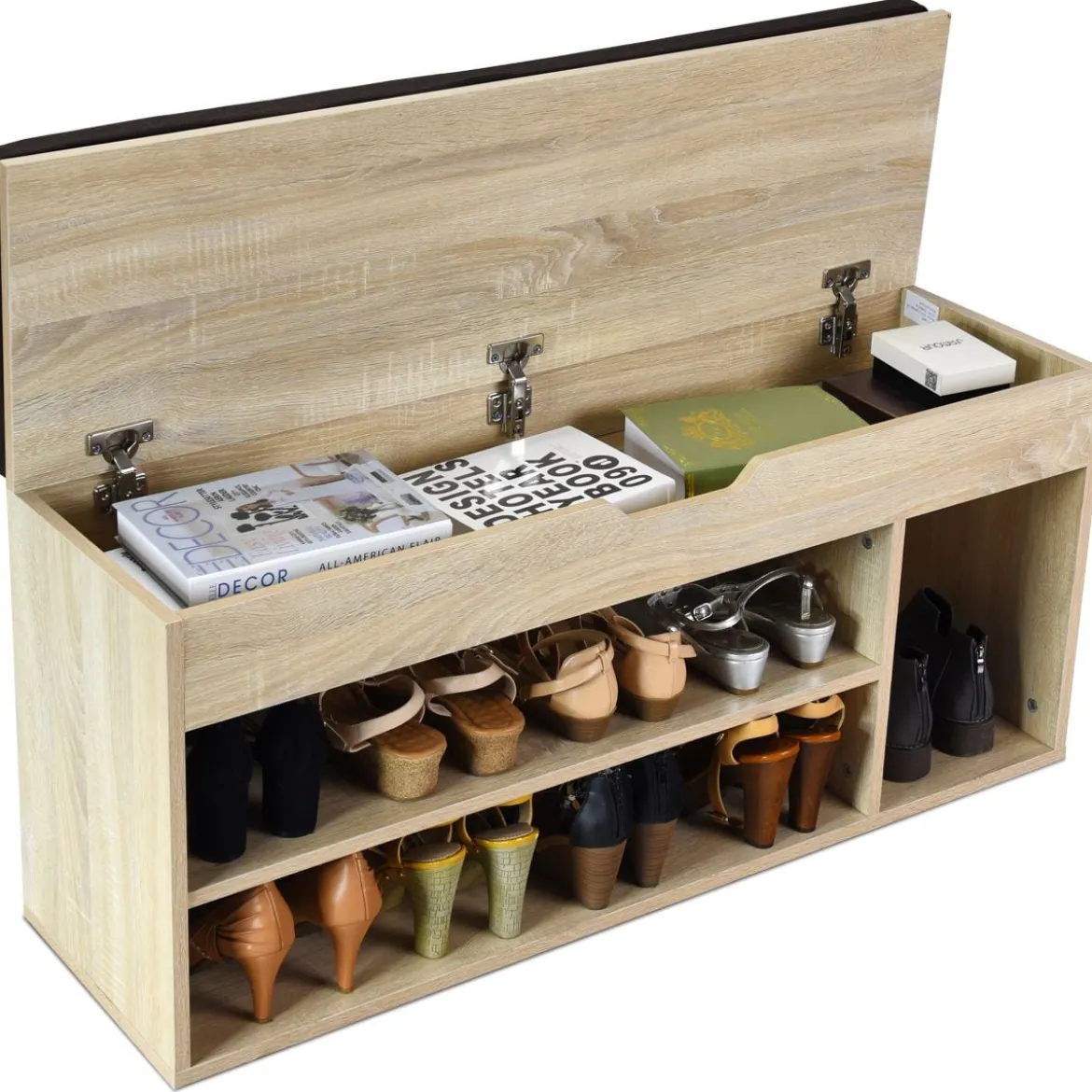 Schuhbank Schuhkommode Schuhablage mit Sitzkissen Holz 104 x 48 x 30 cm Weiß/Natur/Grau
