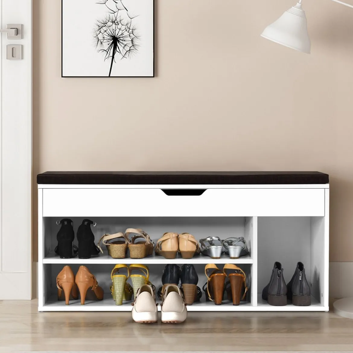 Schuhbank Schuhkommode Schuhablage mit Sitzkissen Holz 104 x 48 x 30 cm Weiß/Natur/Grau