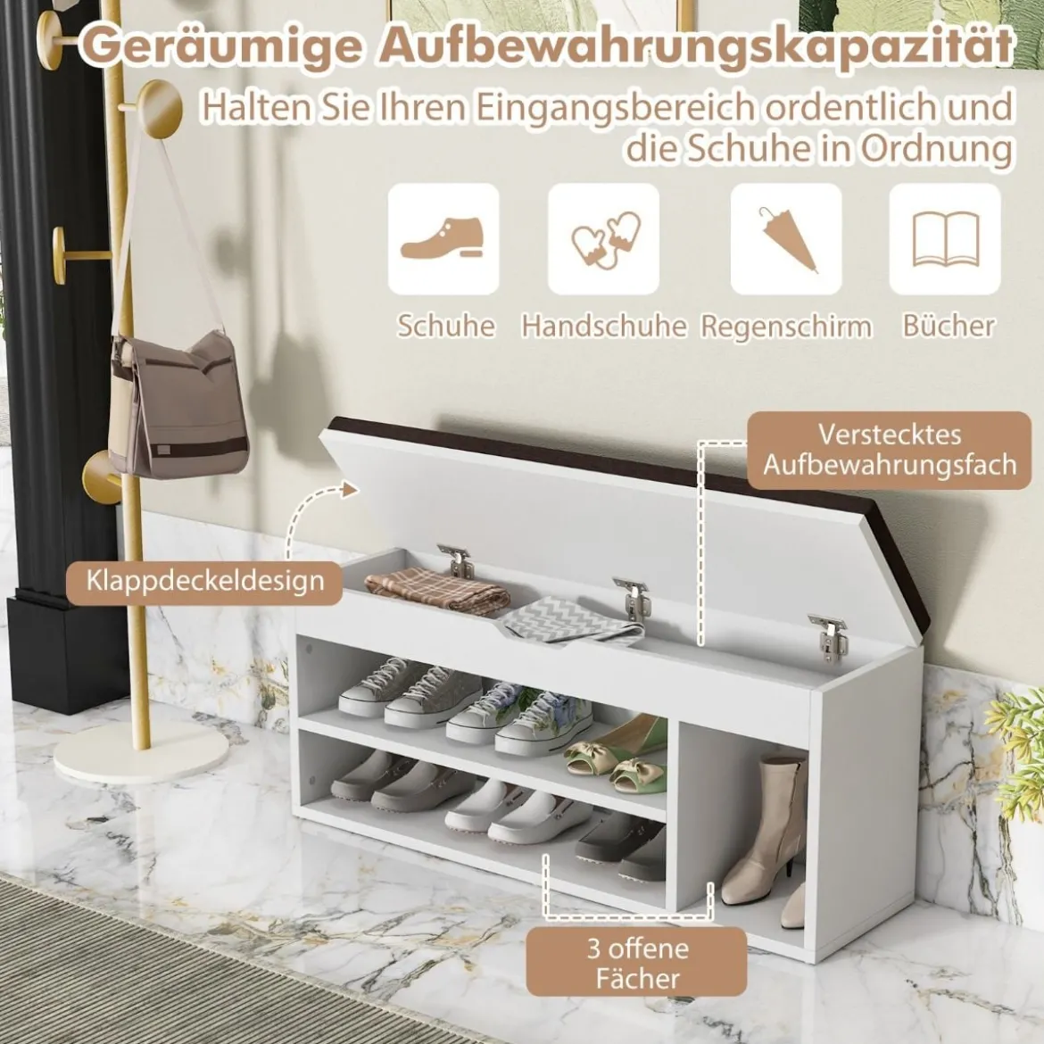Schuhbank Schuhkommode Schuhablage mit Sitzkissen Holz 104 x 48 x 30 cm Weiß/Natur/Grau