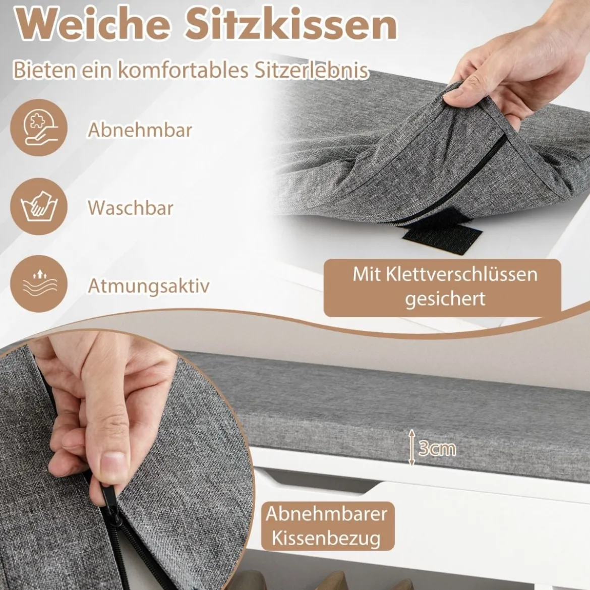 Schuhbank Schuhkommode Schuhablage mit Sitzkissen Holz 104 x 48 x 30 cm Weiß/Natur/Grau