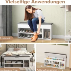 Schuhbank Schuhkommode Schuhablage mit Sitzkissen Holz 104 x 48 x 30 cm Weiß/Natur/Grau