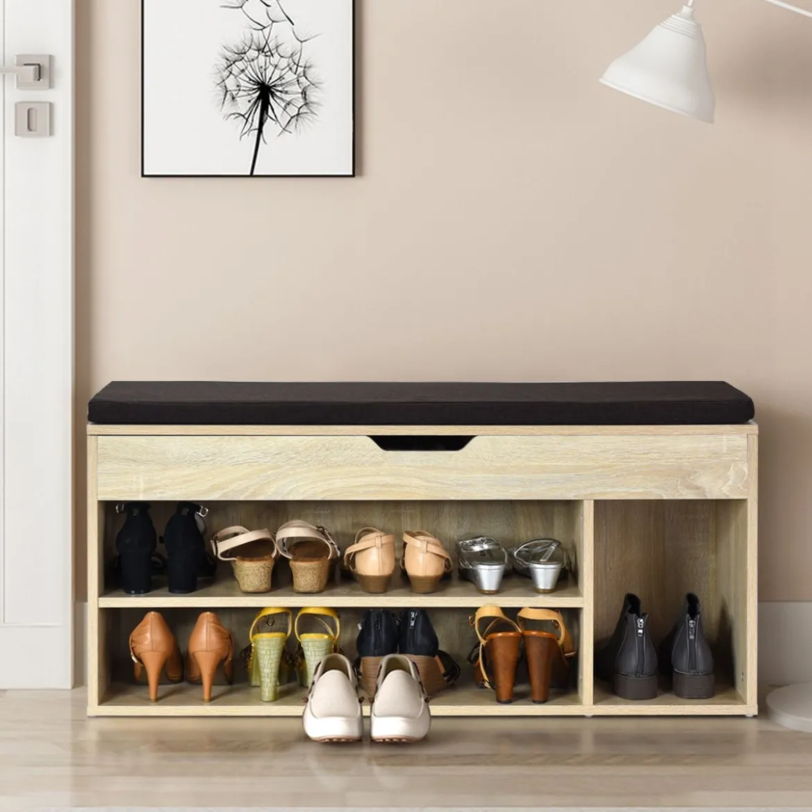 Schuhbank Schuhkommode Schuhablage mit Sitzkissen Holz 104 x 48 x 30 cm Weiß/Natur/Grau