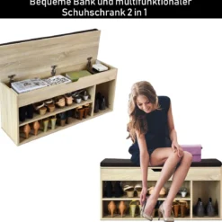 Schuhbank Schuhkommode Schuhablage mit Sitzkissen Holz 104 x 48 x 30 cm Weiß/Natur/Grau