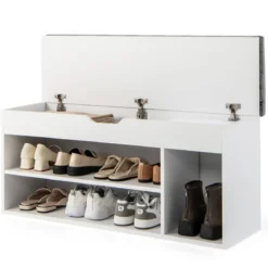 Schuhbank Schuhkommode Schuhablage mit Sitzkissen Holz 104 x 48 x 30 cm Weiß/Natur/Grau