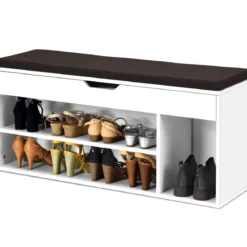 Schuhbank Schuhkommode Schuhablage mit Sitzkissen Holz 104 x 48 x 30 cm Weiß/Natur/Grau