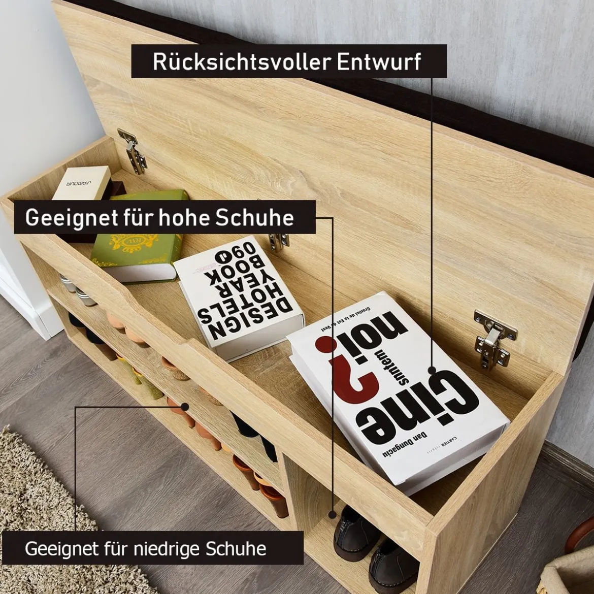 Schuhbank Schuhkommode Schuhablage mit Sitzkissen Holz 104 x 48 x 30 cm Weiß/Natur/Grau