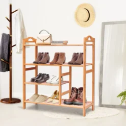 Schuhregal aus Bambus mit 4 Ebenen & Griff Schuhablage Schuhaufbewahrung Natur