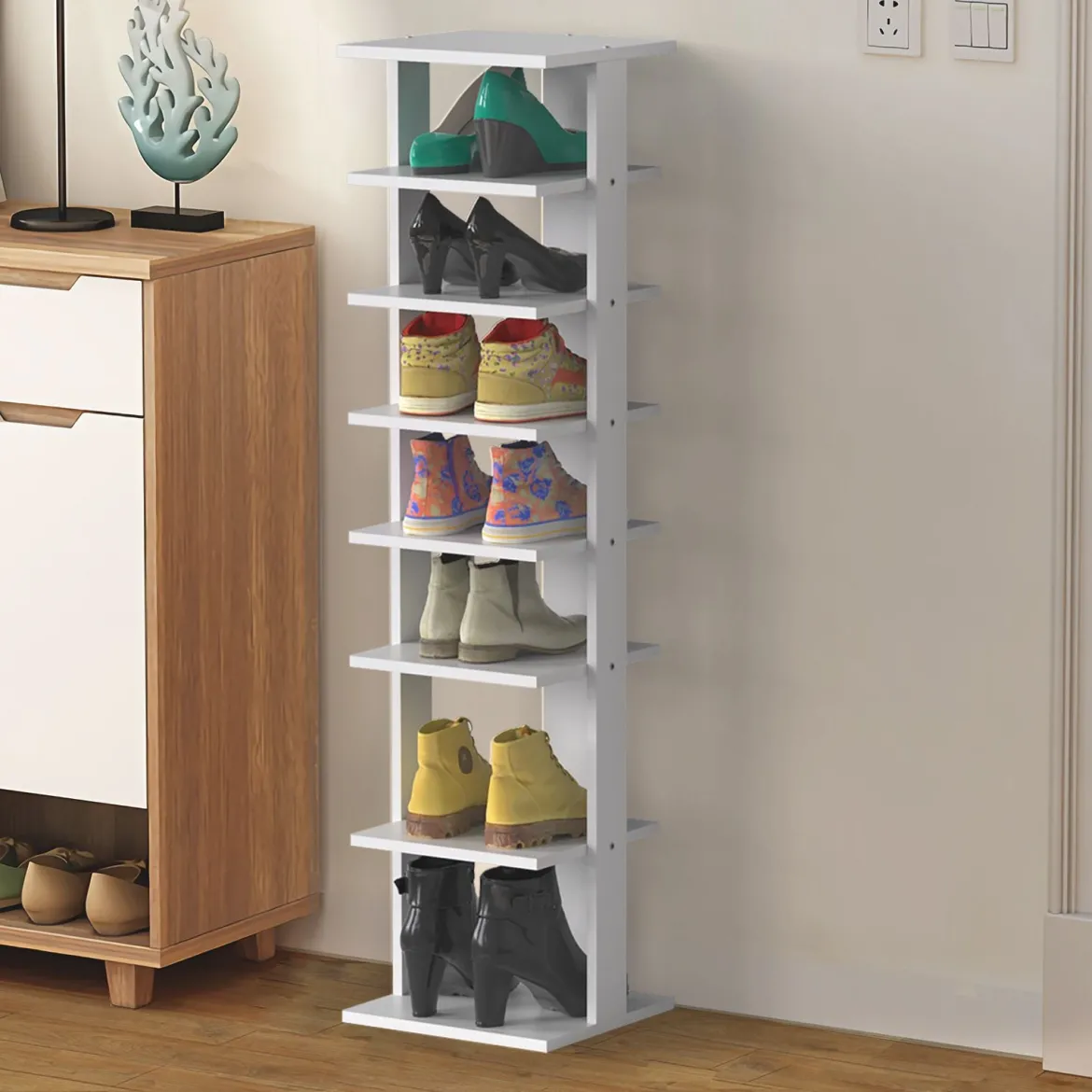 Schuhregal aus Holz Schuhständer 8-stöckig Schuh-Organizer vertikal Lagerregal Weiß