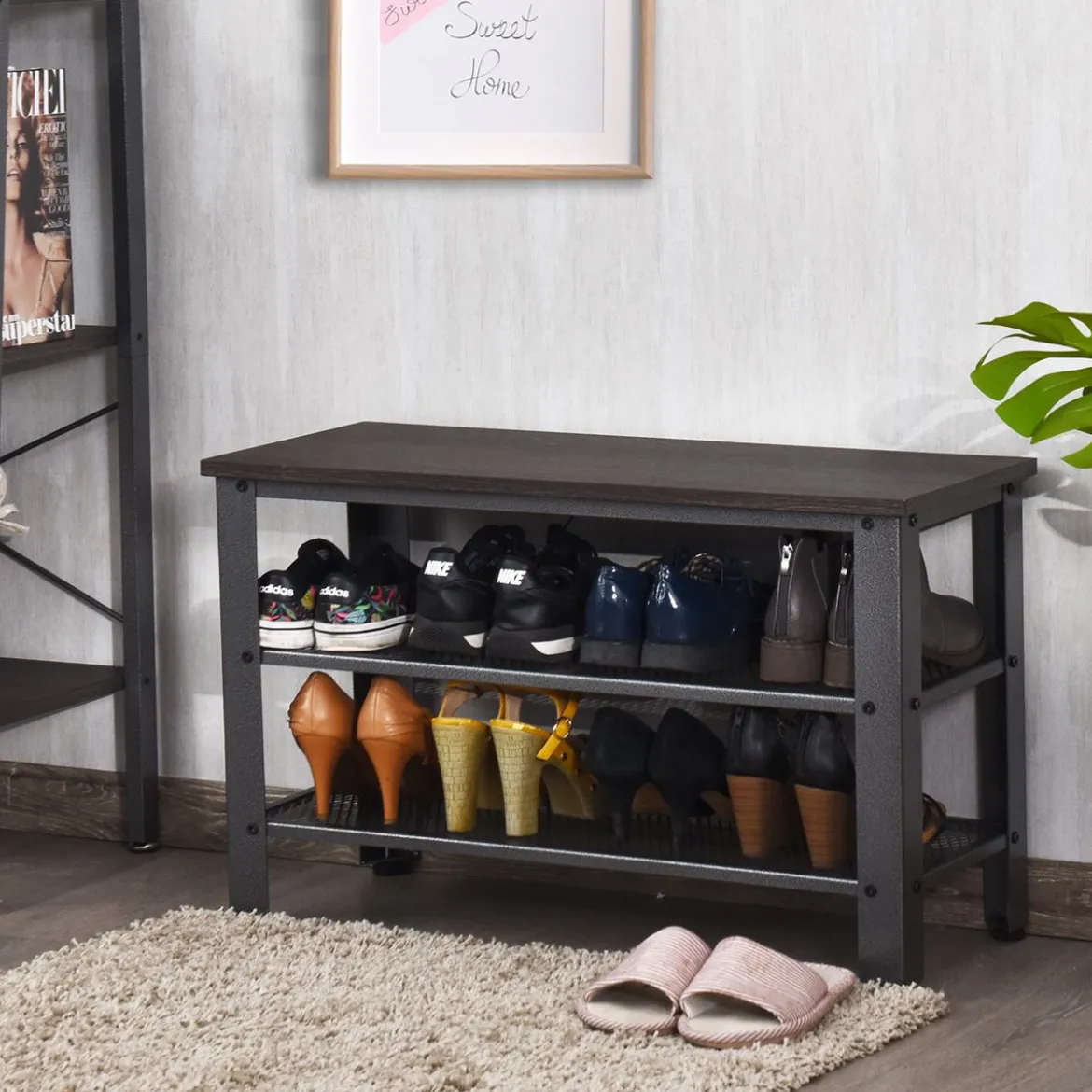 Schuhregal Schuhbank Schuhständer mit 2 Schuhablage und Sitzfläche Grau 73 x 30 x 45 cm