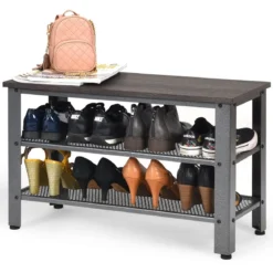Schuhregal Schuhbank Schuhständer mit 2 Schuhablage und Sitzfläche Grau 73 x 30 x 45 cm