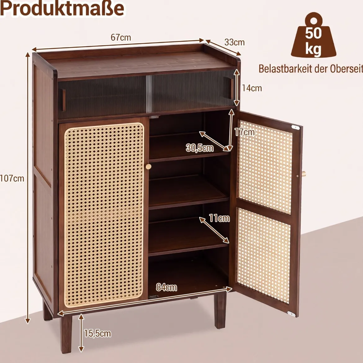 Schuhschrank Bambus mit 2 Rattantüren Rutschfesten Füßen & 6 Ebenen 67 x 33 x 107 cm Braun