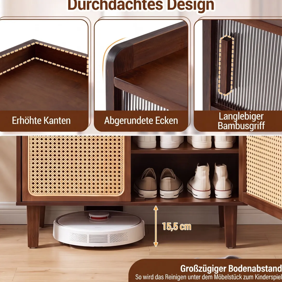 Schuhschrank Bambus mit 2 Rattantüren Rutschfesten Füßen & 6 Ebenen 67 x 33 x 107 cm Braun