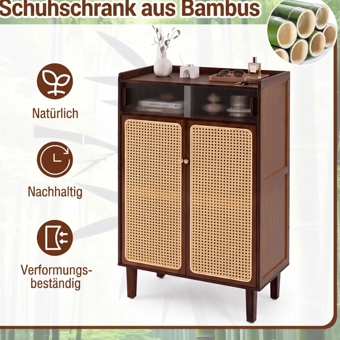 Schuhschrank Bambus mit 2 Rattantüren Rutschfesten Füßen & 6 Ebenen 67 x 33 x 107 cm Braun
