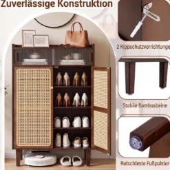 Schuhschrank Bambus mit 2 Rattantüren Rutschfesten Füßen & 6 Ebenen 67 x 33 x 107 cm Braun