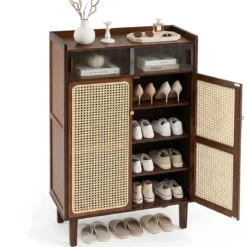 Schuhschrank Bambus mit 2 Rattantüren Rutschfesten Füßen & 6 Ebenen 67 x 33 x 107 cm Braun