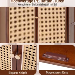 Schuhschrank Bambus mit 2 Rattantüren Rutschfesten Füßen & 6 Ebenen 67 x 33 x 107 cm Braun