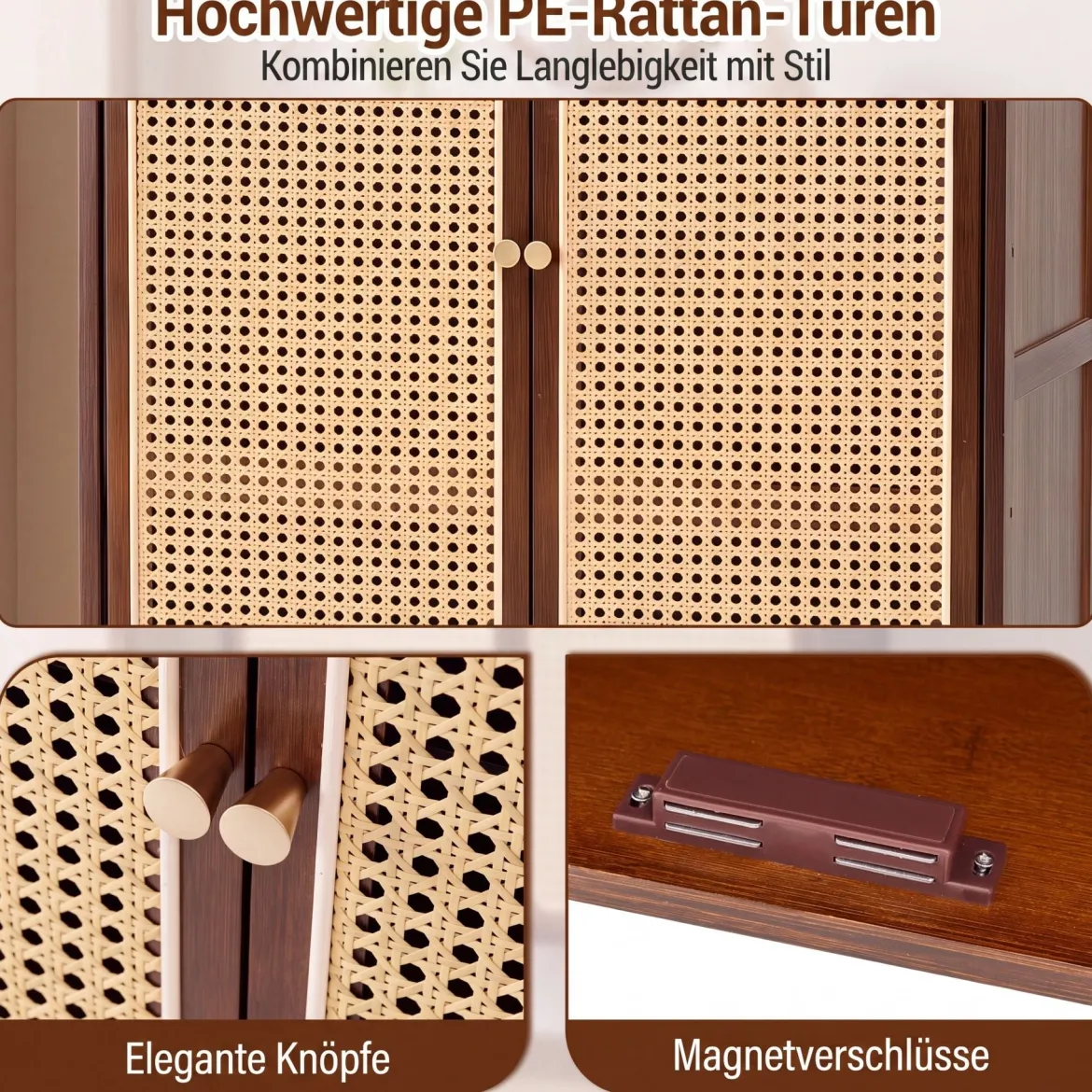 Schuhschrank Bambus mit 2 Rattantüren Rutschfesten Füßen & 6 Ebenen 67 x 33 x 107 cm Braun