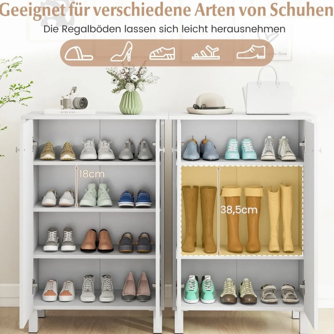 Schuhschrank holz 4-stöckiger Schuhkipper mit abnehmbaren Regalen exquisite Griffe & 2 Türen Schuhkommode Weiß