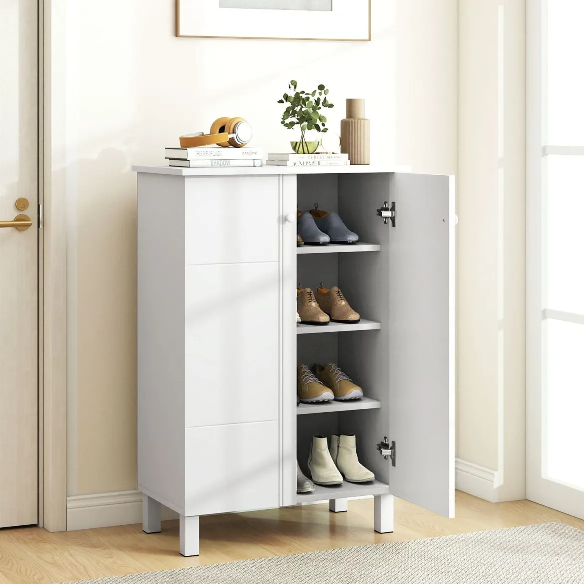 Schuhschrank holz 4-stöckiger Schuhkipper mit abnehmbaren Regalen exquisite Griffe & 2 Türen Schuhkommode Weiß