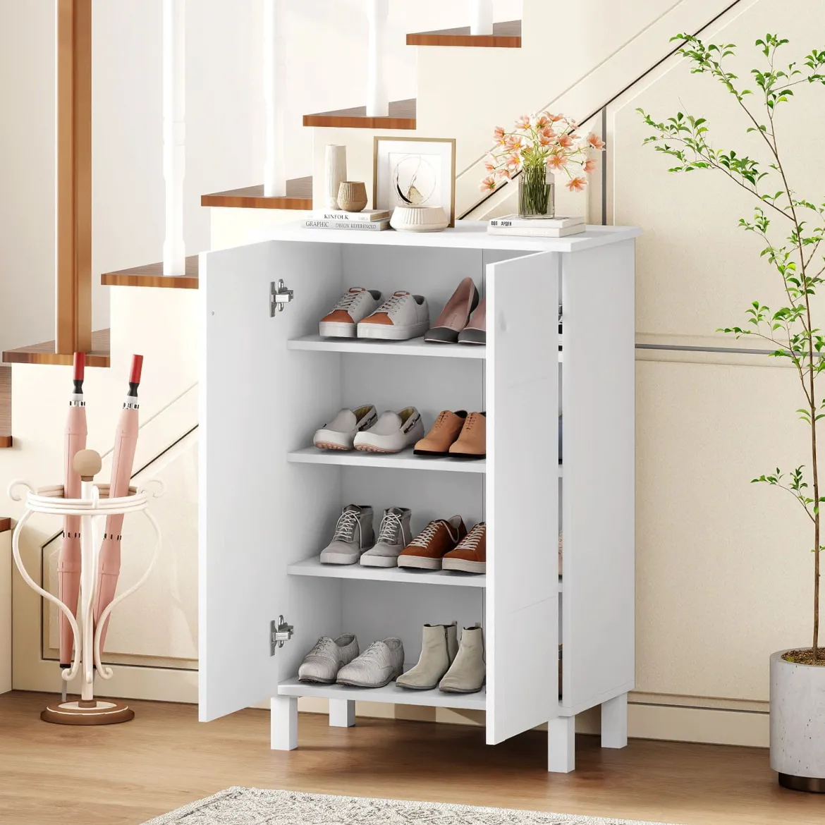 Schuhschrank holz 4-stöckiger Schuhkipper mit abnehmbaren Regalen exquisite Griffe & 2 Türen Schuhkommode Weiß