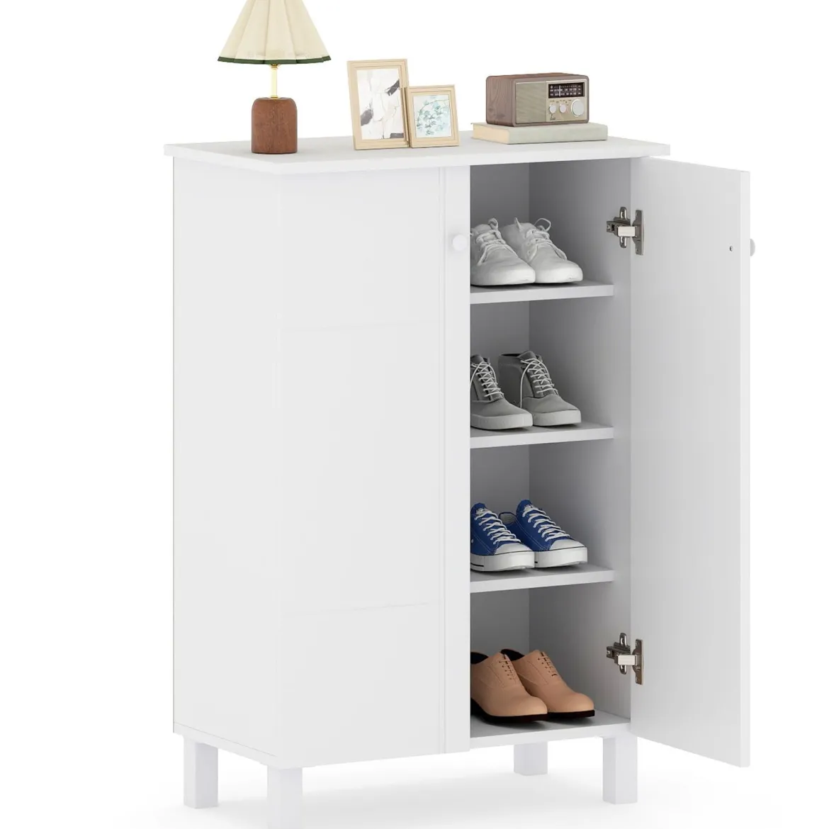 Schuhschrank holz 4-stöckiger Schuhkipper mit abnehmbaren Regalen exquisite Griffe & 2 Türen Schuhkommode Weiß