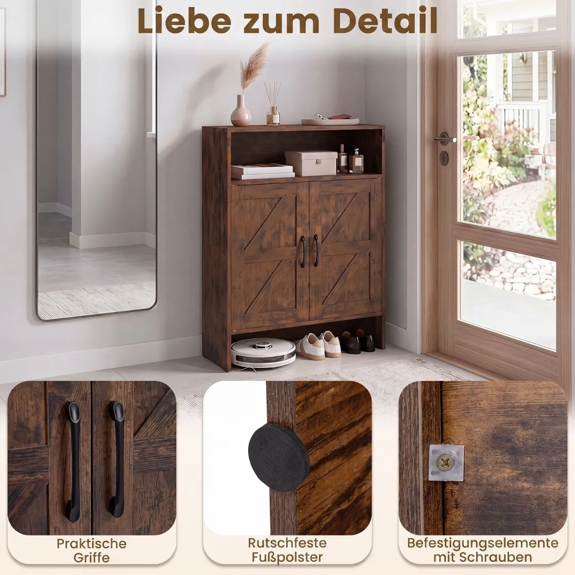 Schuhschrank im Landhausstil mit Türen & 2 Höhenverstellbaren Einlegeböden 70 x 35 x 95 cm Rustikalbraun