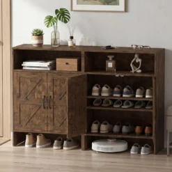 Schuhschrank im Landhausstil mit Türen & 2 Höhenverstellbaren Einlegeböden 70 x 35 x 95 cm Rustikalbraun