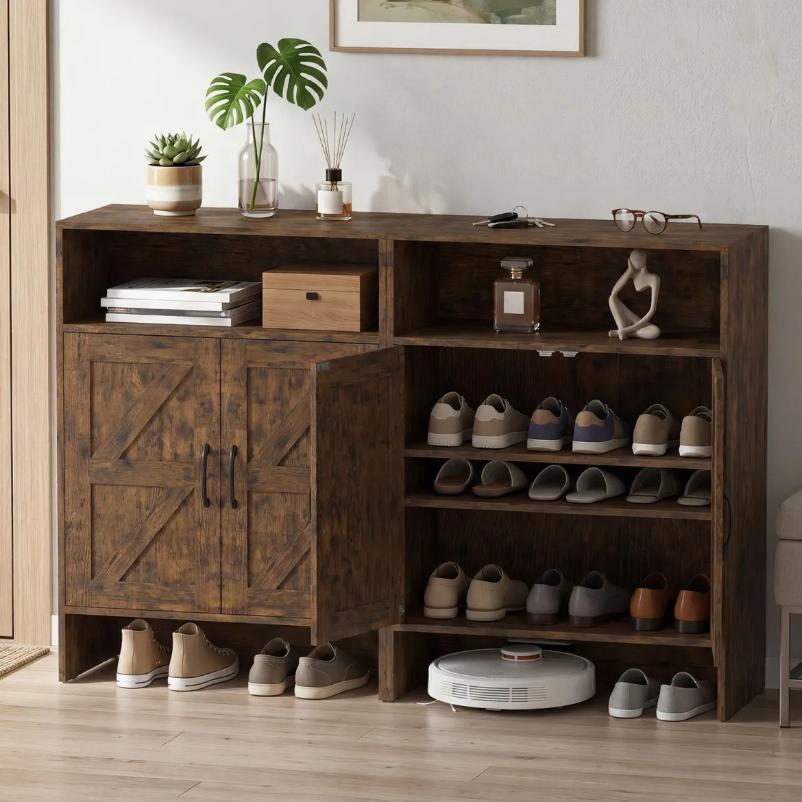 Schuhschrank im Landhausstil mit Türen & 2 Höhenverstellbaren Einlegeböden 70 x 35 x 95 cm Rustikalbraun