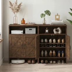 Schuhschrank im Landhausstil mit Türen & 2 Höhenverstellbaren Einlegeböden 70 x 35 x 95 cm Rustikalbraun