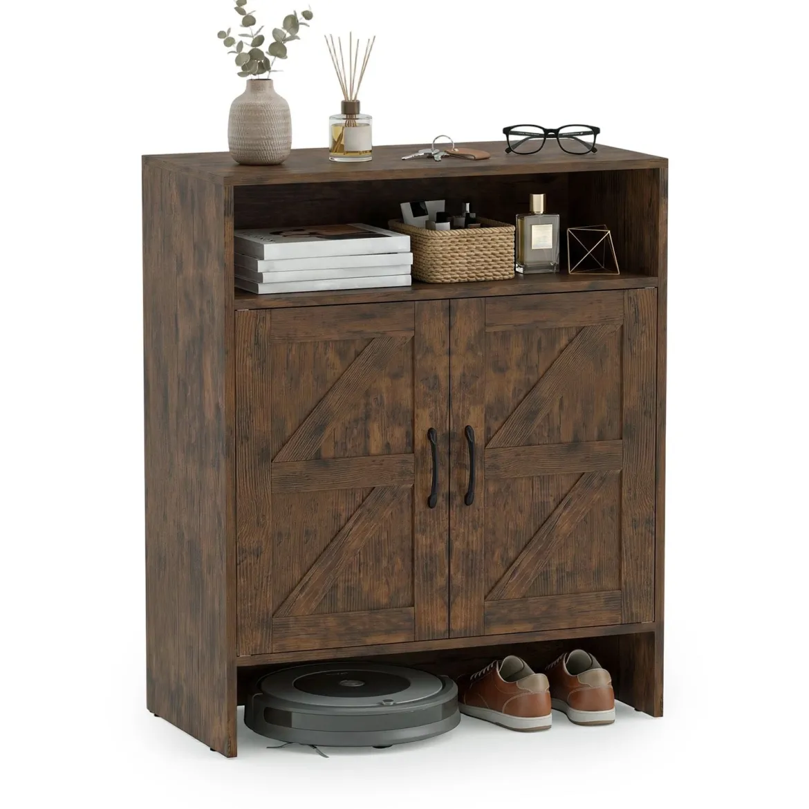 Schuhschrank im Landhausstil mit Türen & 2 Höhenverstellbaren Einlegeböden 70 x 35 x 95 cm Rustikalbraun