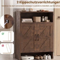 Schuhschrank im Landhausstil mit Türen & 2 Höhenverstellbaren Einlegeböden 70 x 35 x 95 cm Rustikalbraun