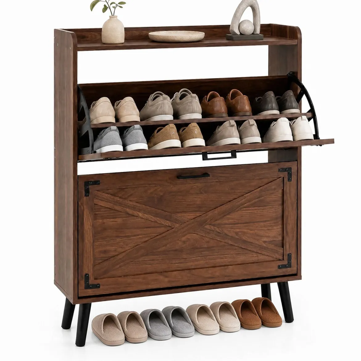 Schuhschrank mit 2 Klappschubladen Freistehendes Schuhregal 80 x 24 x 103 cm Walnussbraun