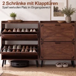 Schuhschrank mit 2 Klappschubladen Freistehendes Schuhregal 80 x 24 x 103 cm Walnussbraun