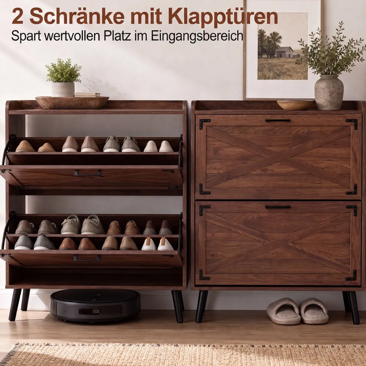 Schuhschrank mit 2 Klappschubladen Freistehendes Schuhregal 80 x 24 x 103 cm Walnussbraun
