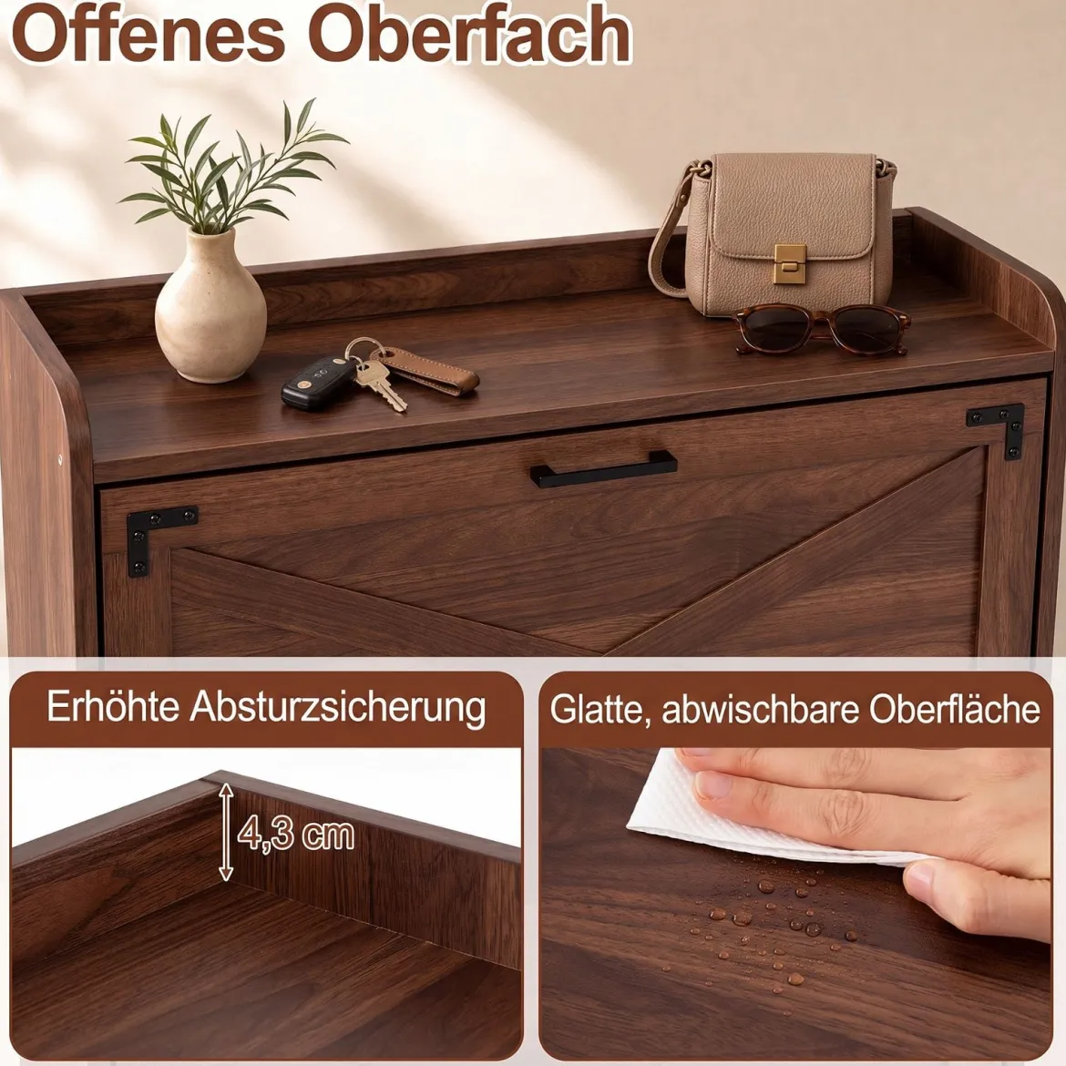 Schuhschrank mit 2 Klappschubladen Freistehendes Schuhregal 80 x 24 x 103 cm Walnussbraun