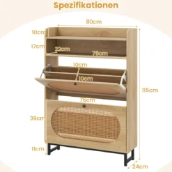 Schuhschrank mit 2 Klappschubladen freistehender Schuhorganisator mit Rattantüren und Metallbeinen Natur